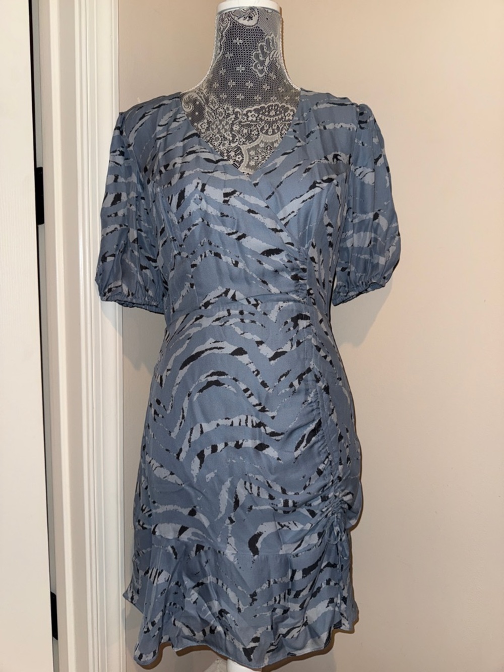 Parker Blue and Black Short Sleeve Wrap-Style Mini Dress